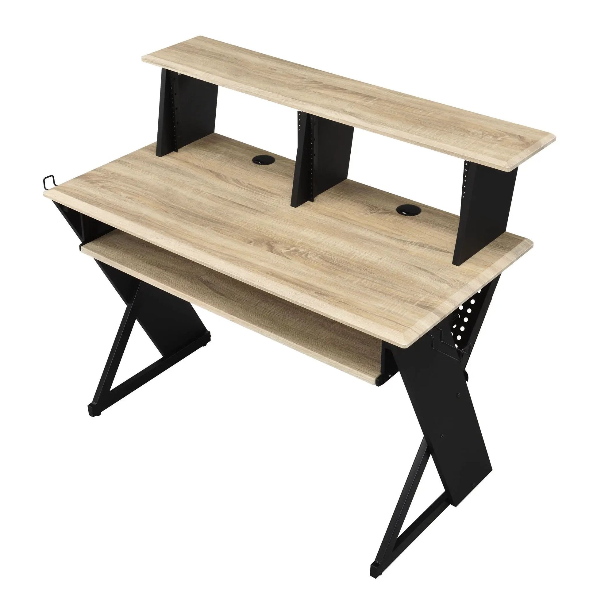 Eleazar music recording studio desk natural oak top with raised shelf and black metal frame on Tampa Home & Garden Store