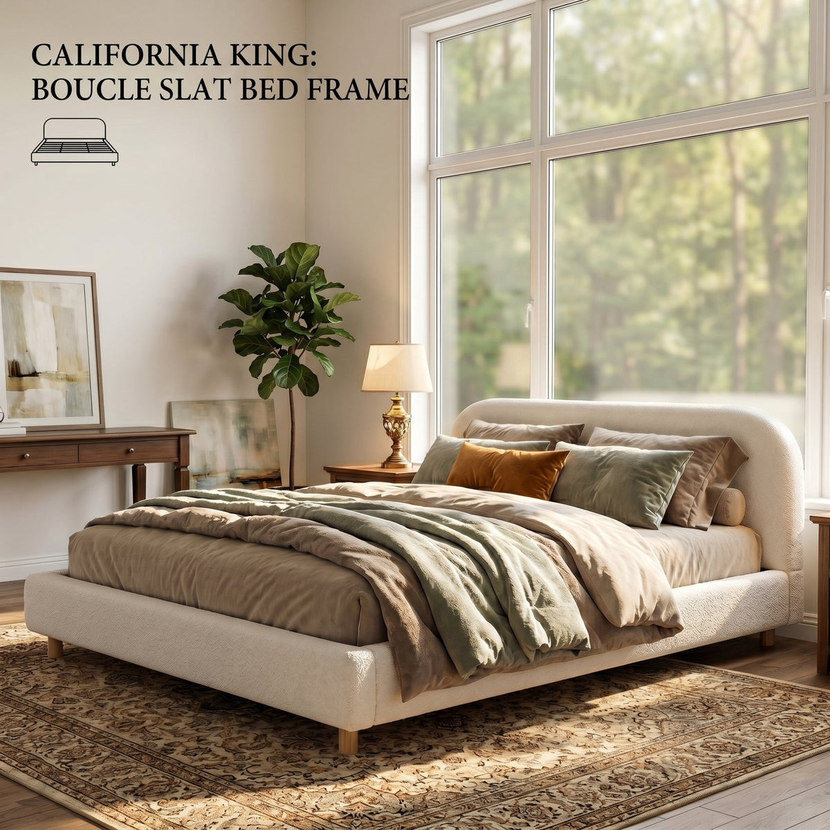 California King upholstered bed in boucle beige with curved headboard by HouseOfZazla on Tampa Home & Garden Store