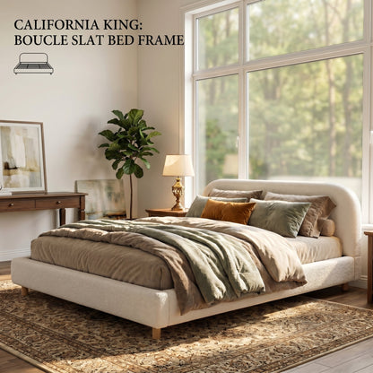 California King upholstered bed in boucle beige with curved headboard by HouseOfZazla on Tampa Home & Garden Store