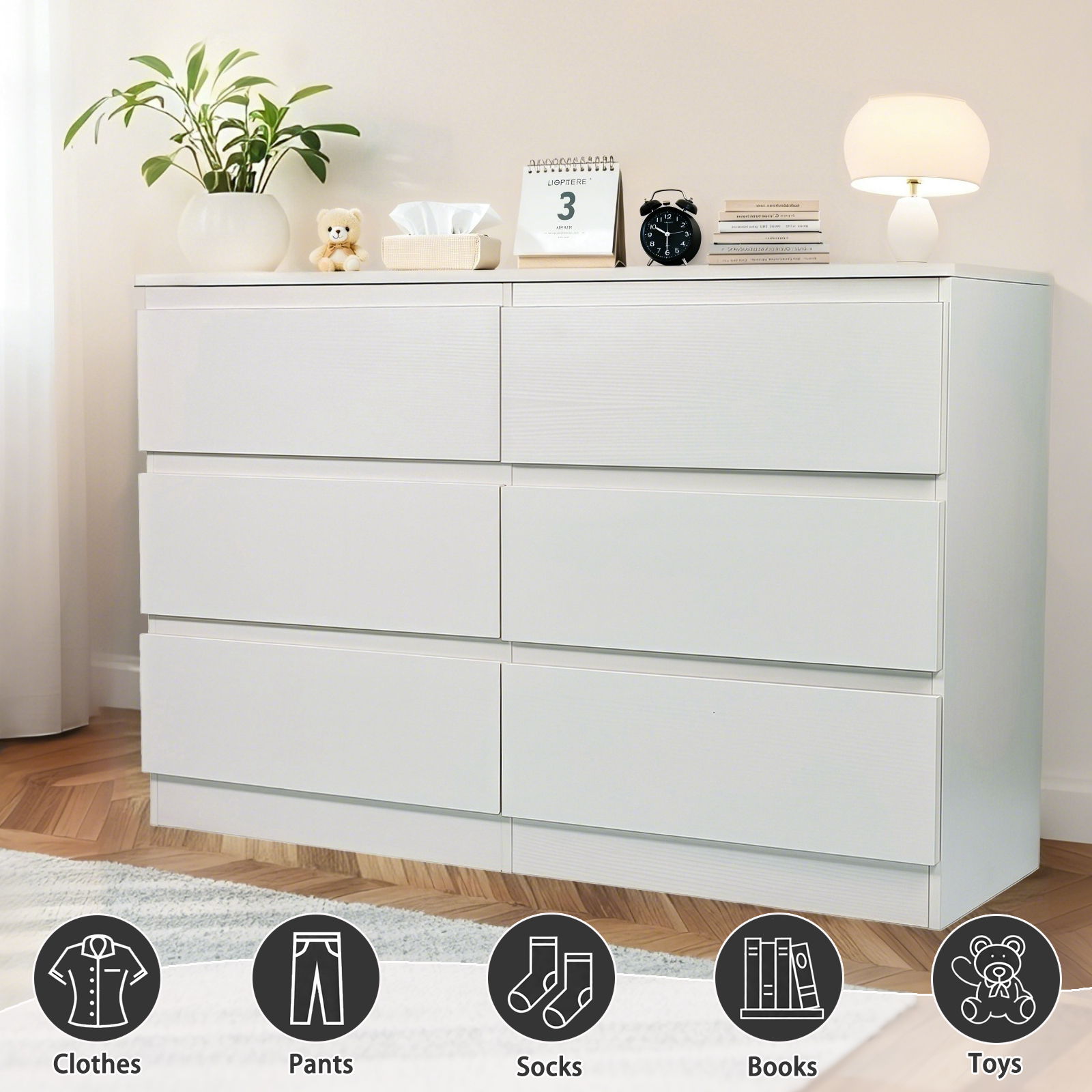 6-Drawer Dresser by HouseOfZazla with spacious countertop and concealed handles, white finish on Tampa Home & Garden Store