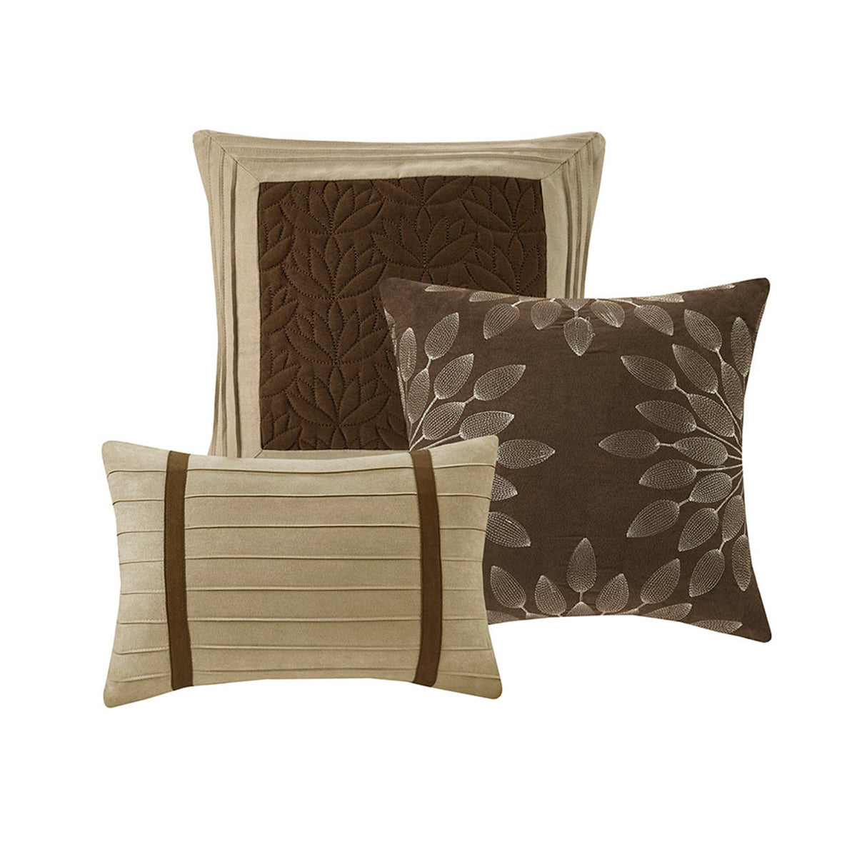 7 PC Faux Suede Comforter Set Natural King by HouseOfZazla brown leaf motif (3 pillows) on Tampa Home & Garden Store