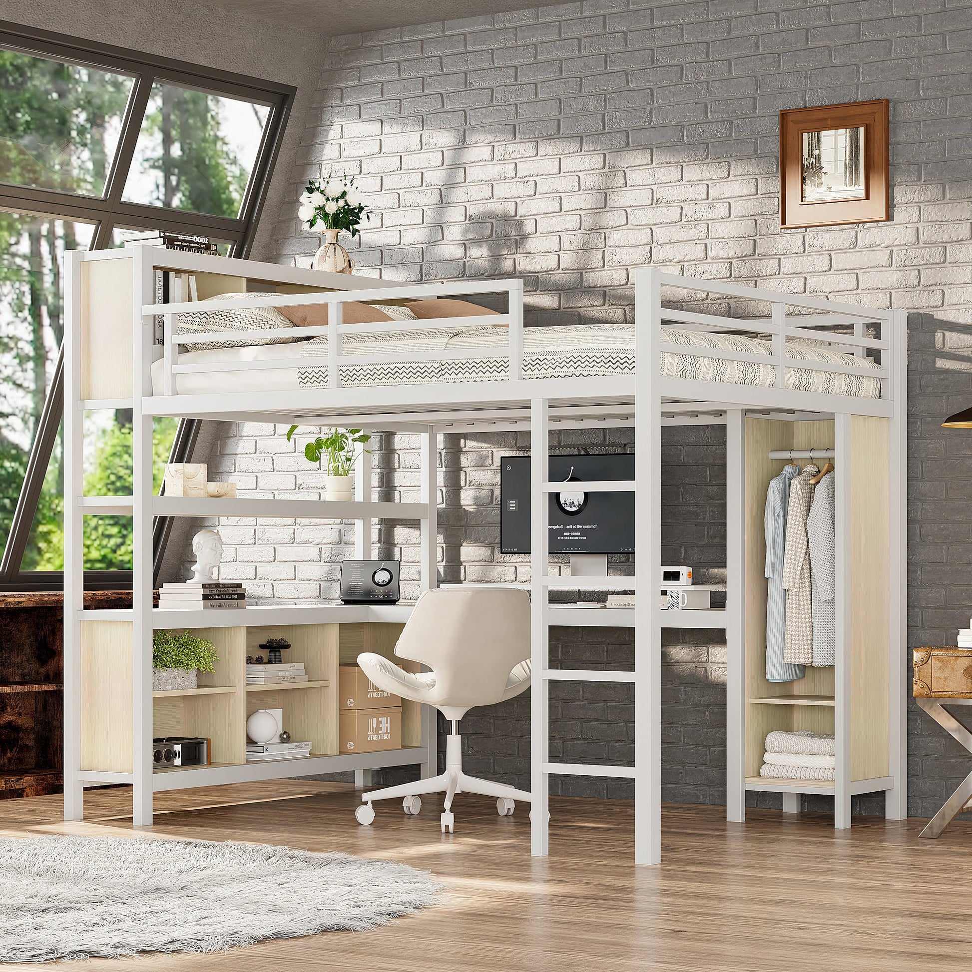 White metal loft bed with wardrobe and L-shaped desk, built-in shelves and hanging clothes on Tampa Home & Garden Store