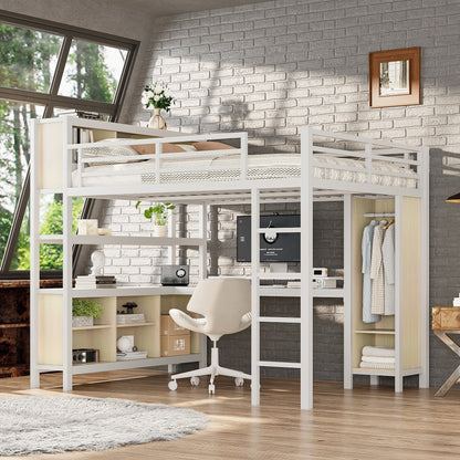 White metal loft bed with wardrobe and L-shaped desk, built-in shelves and hanging clothes on Tampa Home & Garden Store