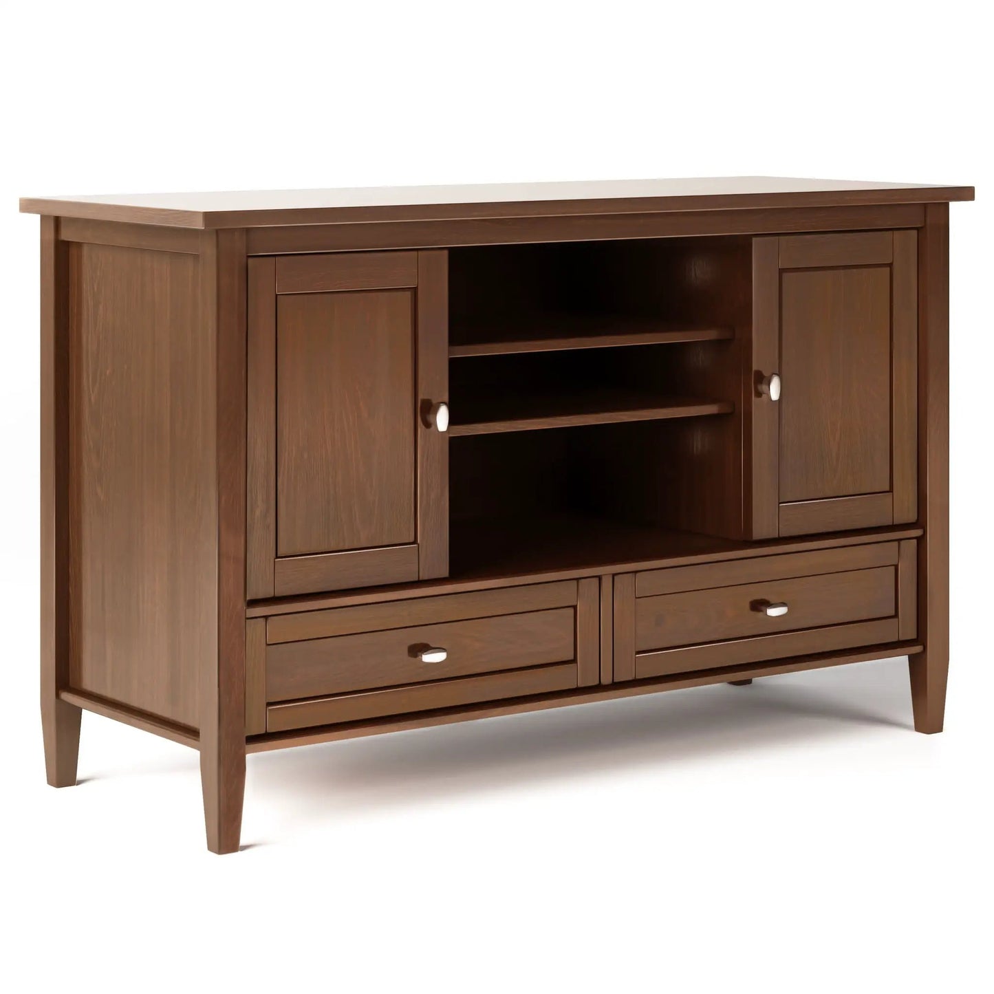 Warm Shaker TV Media Stand by Unique Piece in rich brown wood with open shelf and cabinets on Tampa Home & Garden Store