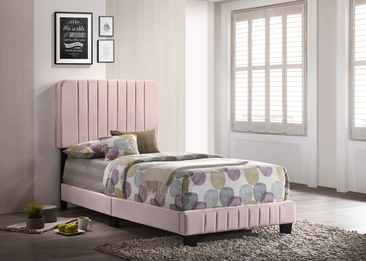 Channel Tufted Bed pink upholstered headboard with vertical channels colorful bedding on Tampa Home & Garden Store