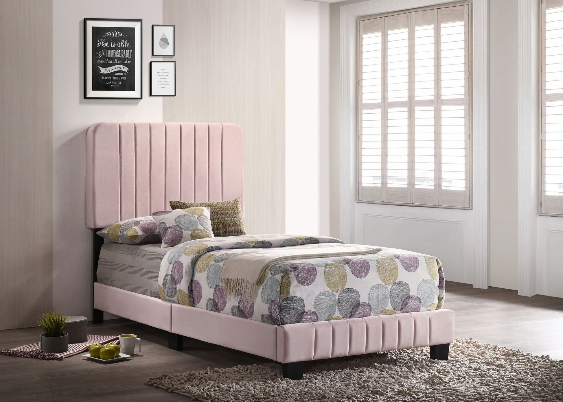 Channel Tufted Bed pink upholstered headboard with vertical channels colorful bedding on Tampa Home & Garden Store