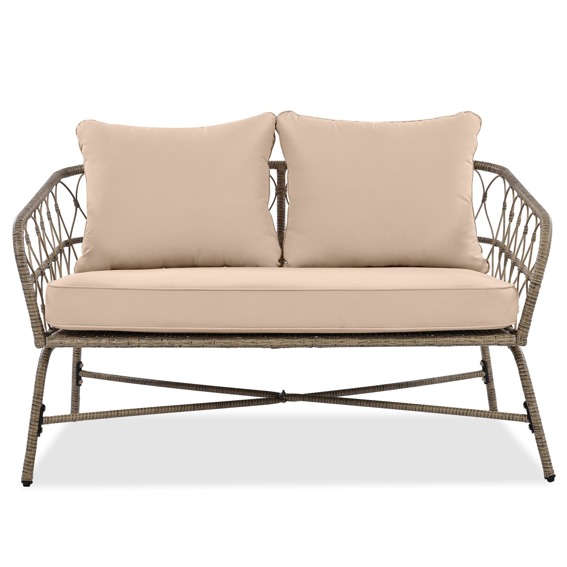Bohemia-Inspired 4-Person Outdoor Seating Set with beige cushions and wicker frame HouseOfZazla on Tampa Home & Garden Store