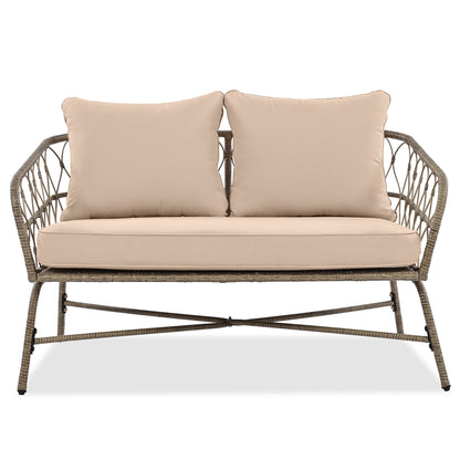 Bohemia-Inspired 4-Person Outdoor Seating Set with beige cushions and wicker frame HouseOfZazla on Tampa Home & Garden Store