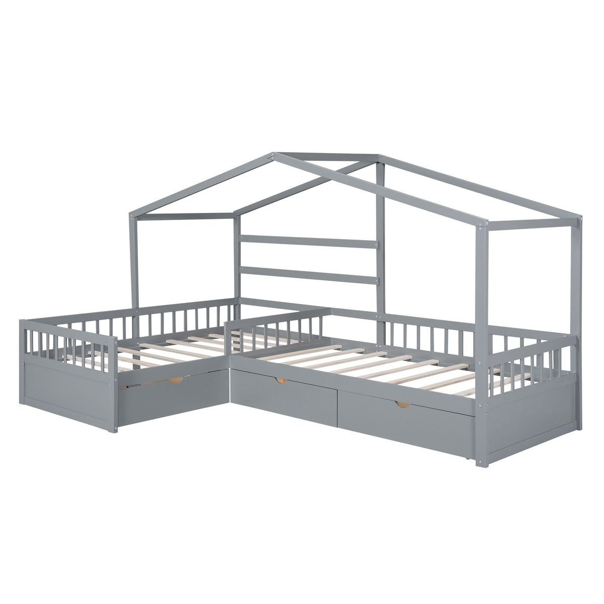 Gray metal L-shaped platform bed with 3 storage drawers and slatted base HouseOfZazla on Tampa Home & Garden Store