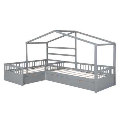 Gray metal L-shaped platform bed with 3 storage drawers and slatted base HouseOfZazla on Tampa Home & Garden Store