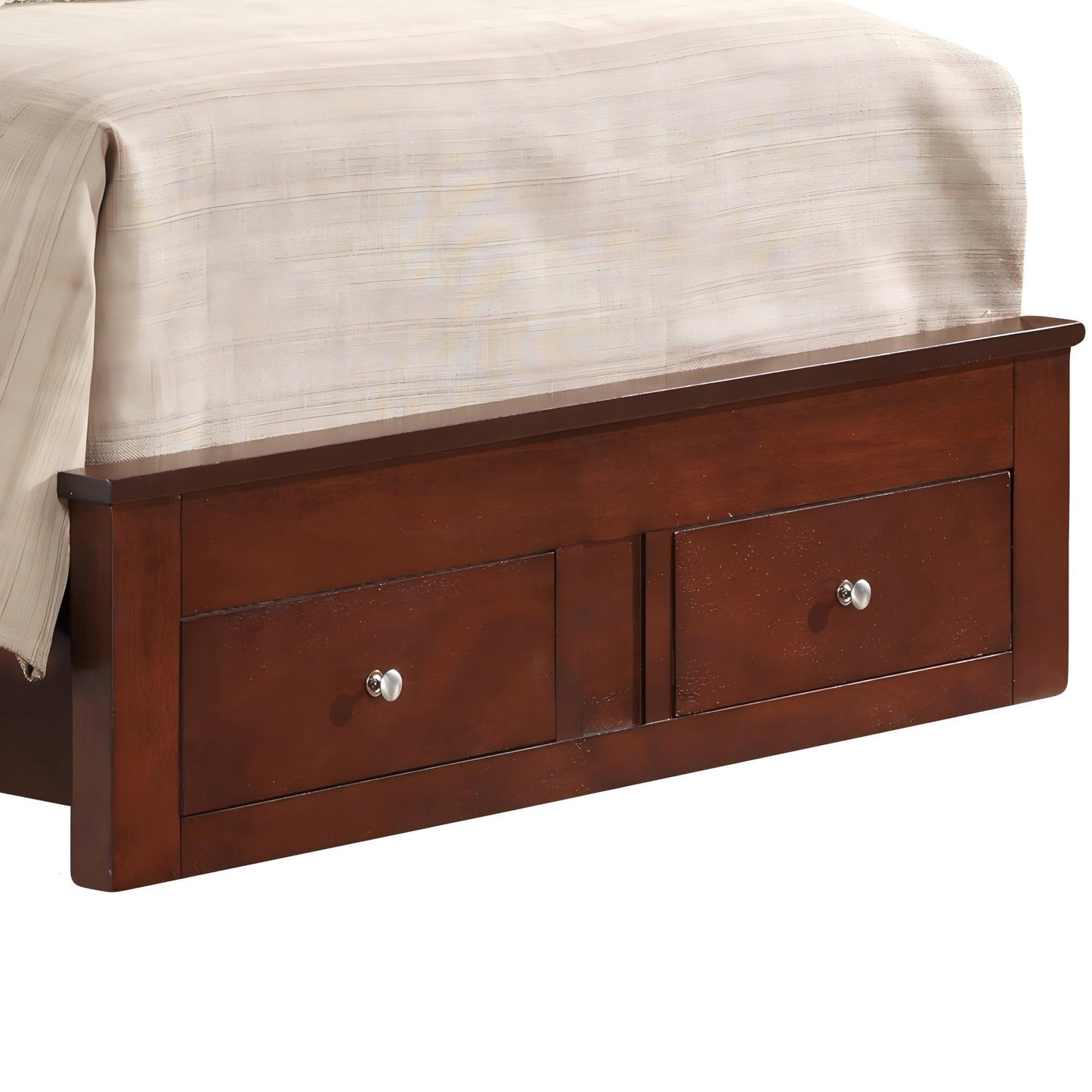 Stylish storage bed in dark wood with under-bed drawers and light beige bedding on Tampa Home & Garden Store