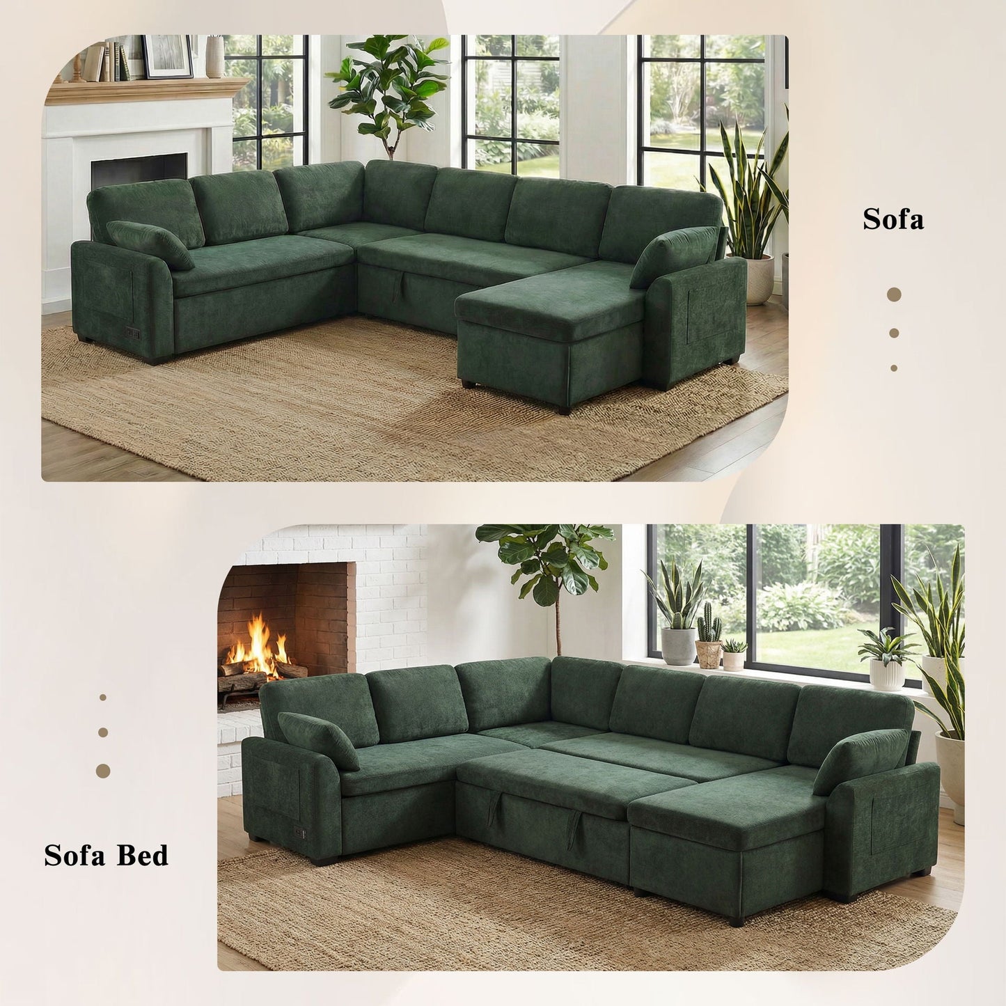 Convertible U-shaped sectional sofa bed in green velvet with reversible chaise by HouseOfZazla on Tampa Home & Garden Store