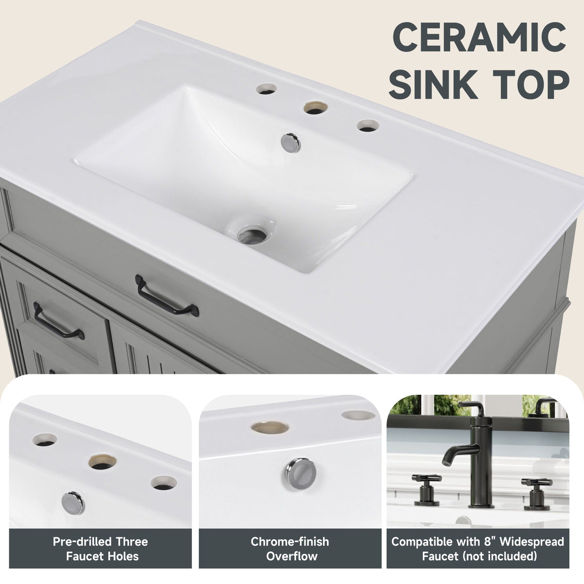Freestanding white bathroom vanity with ceramic sink top and drawers, solid wood cabinet on Tampa Home & Garden Store