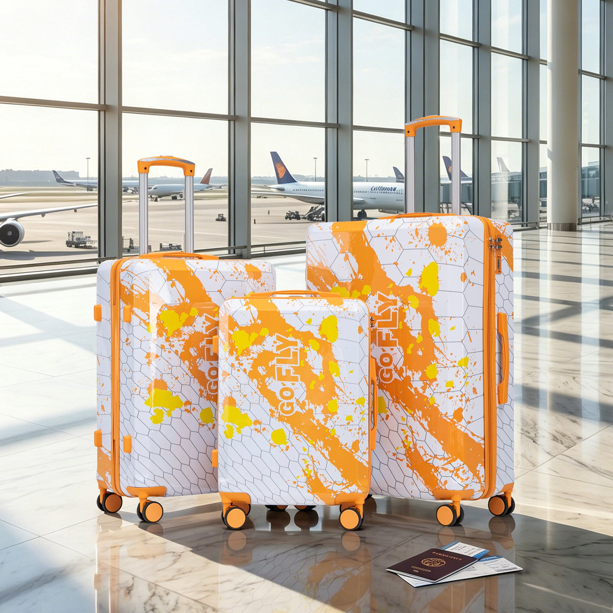 3-Piece PC Spinner Wheel Luggage Set orange hard-shell suitcases splatter pattern HouseOfZazla on Tampa Home & Garden Store