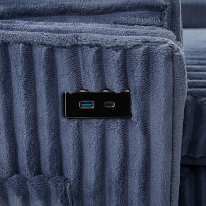 Convertible U-Shaped Sectional Sofa Bed with USB ports in blue plush fabric on Tampa Home & Garden Store