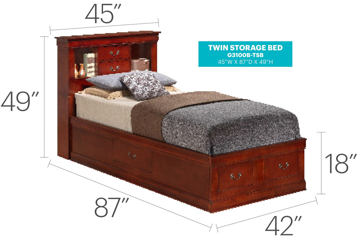Traditional style bookcase storage bed with headboard shelves and under-bed drawers in dark wood on Tampa Home & Garden Store