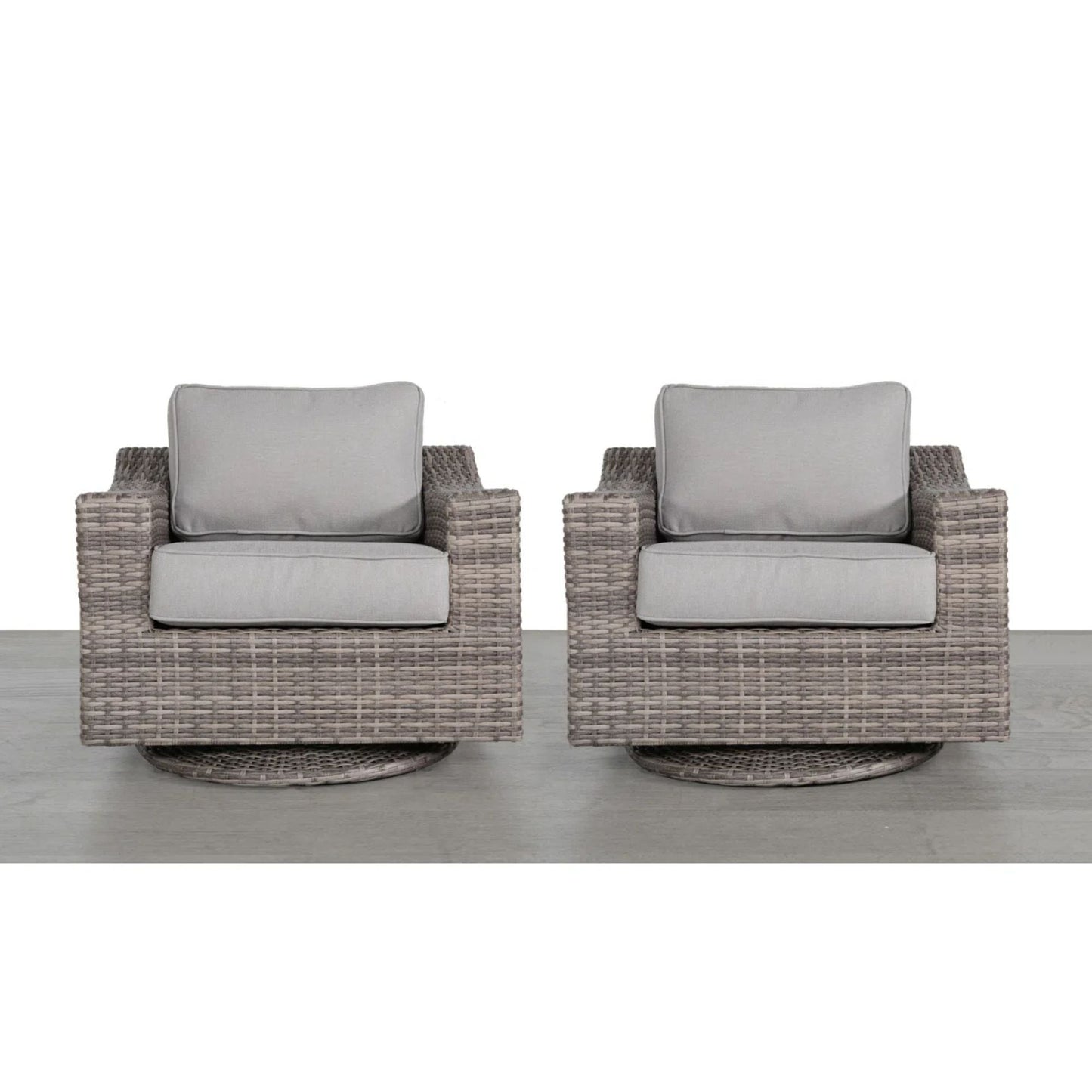 HouseOfZazla swivel patio chairs set of 2 in gray mix with wicker frames and cushions on Tampa Home & Garden Store