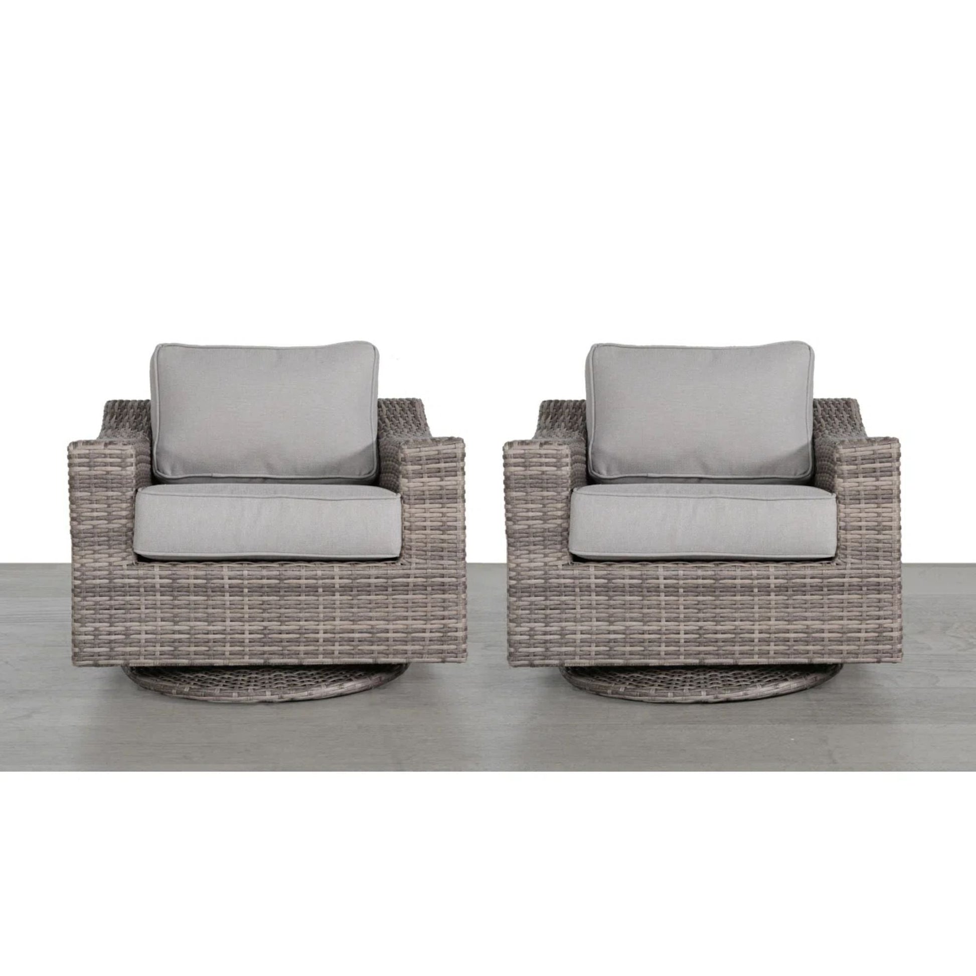 HouseOfZazla swivel patio chairs set of 2 in gray mix with wicker frames and cushions on Tampa Home & Garden Store