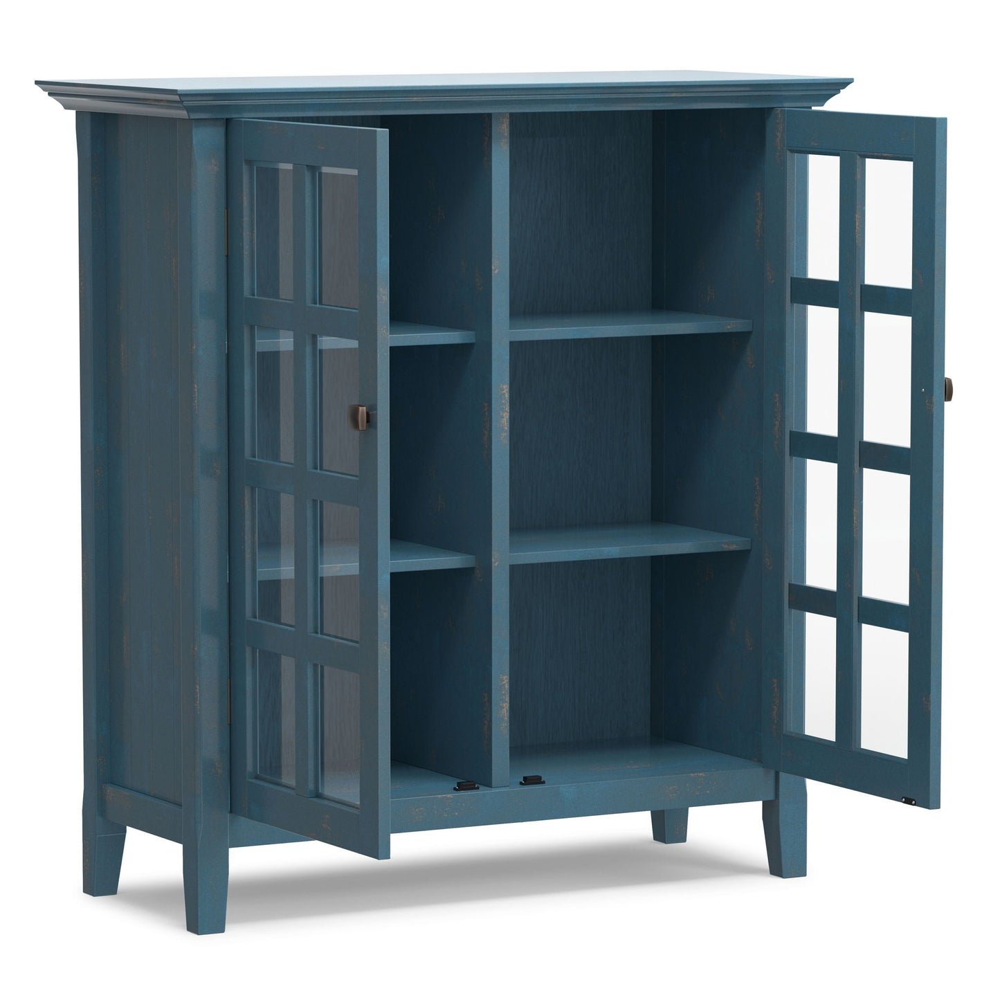 Acadian medium storage cabinet handcrafted in blue distressed finish with glass-pane door on Tampa Home & Garden Store