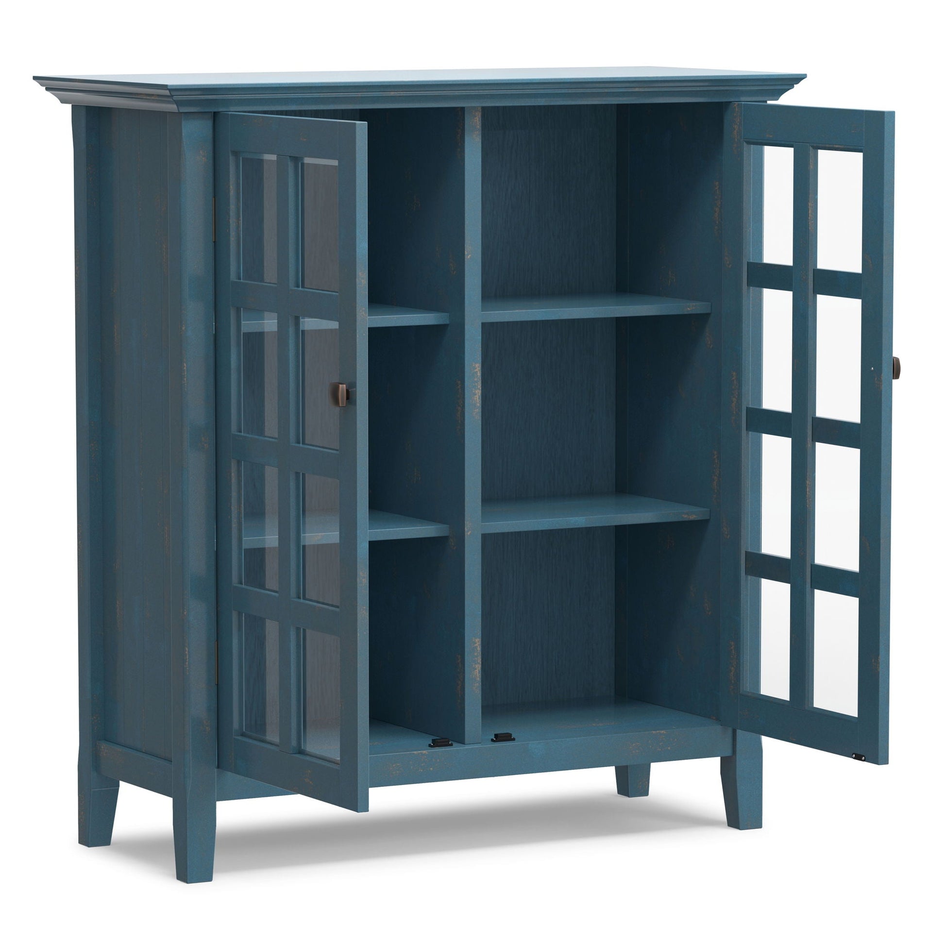 Acadian medium storage cabinet handcrafted in blue distressed finish with glass-pane door on Tampa Home & Garden Store