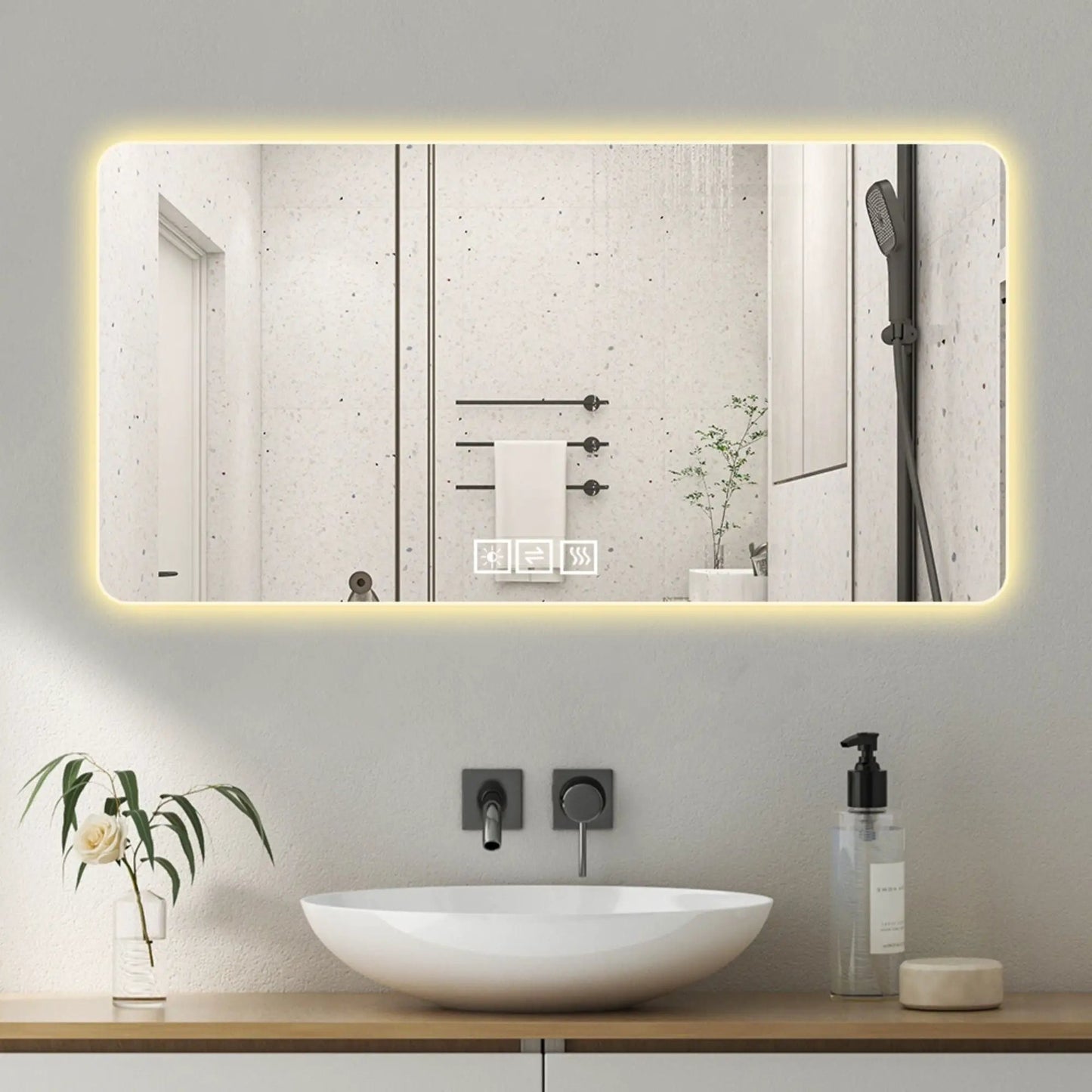 LED bathroom mirror with 3-color dimmable backlight, rounded edges above a modern sink on Tampa Home & Garden Store