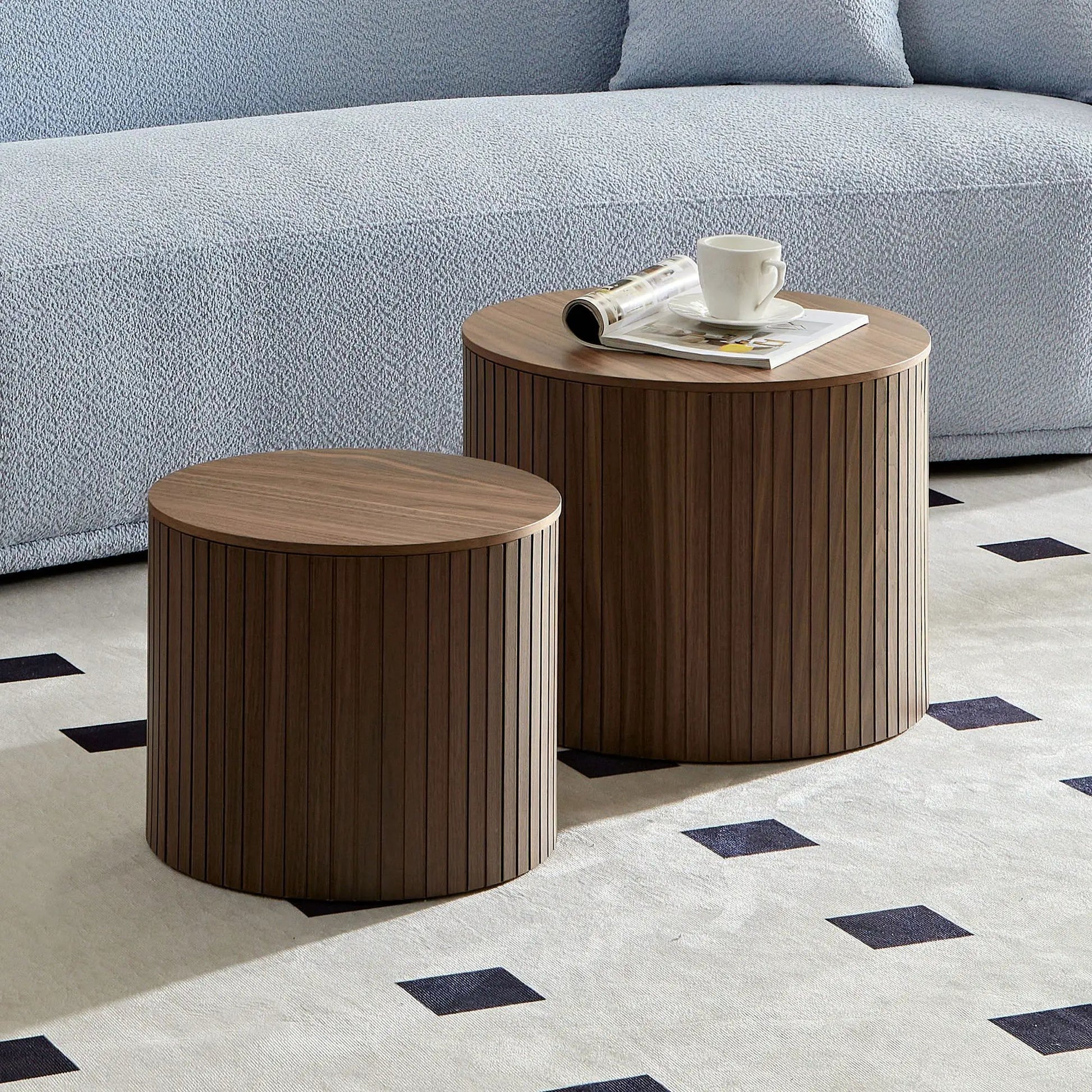 Handcrafted Nested Table Set, 2 Pieces round wooden tables with vertical slat sides on Tampa Home & Garden Store