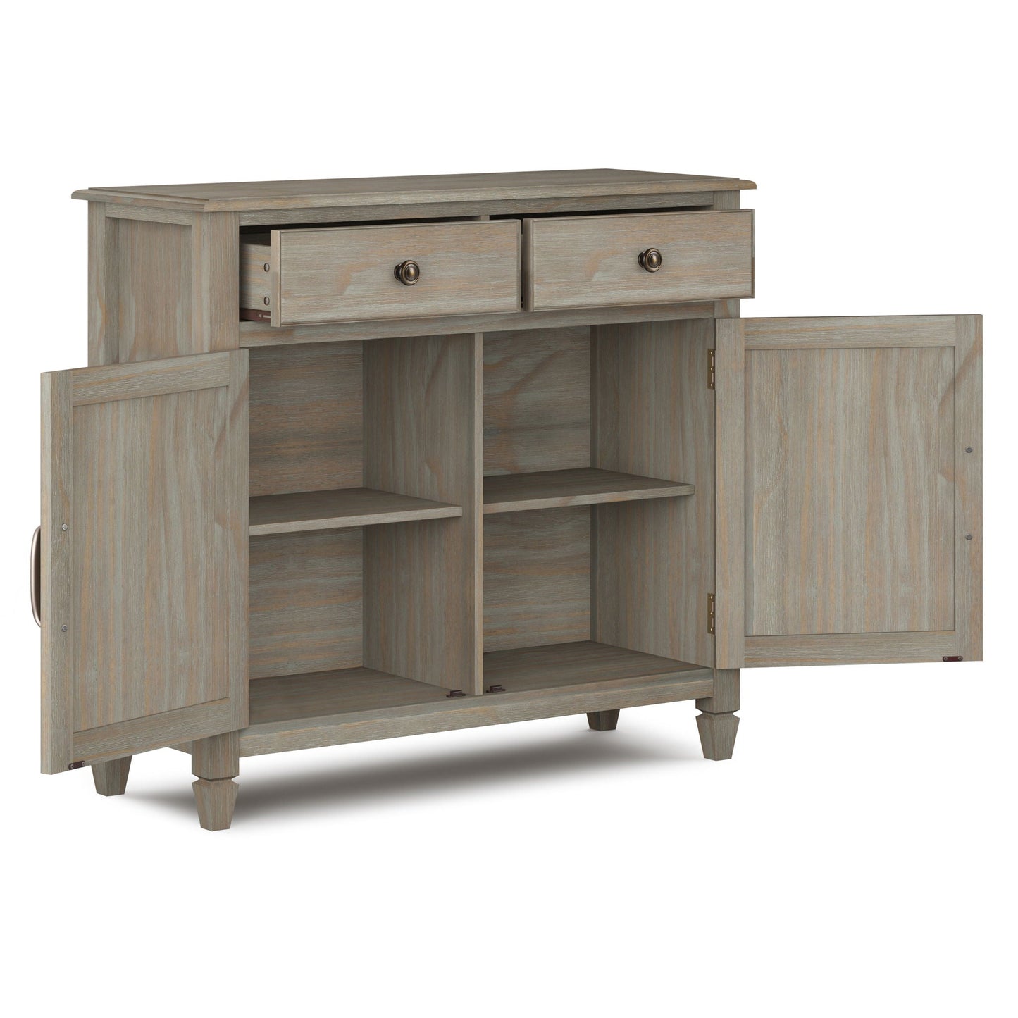 Connaught entryway cabinet in weathered gray wood with top drawers and bronze knobs on Tampa Home & Garden Store