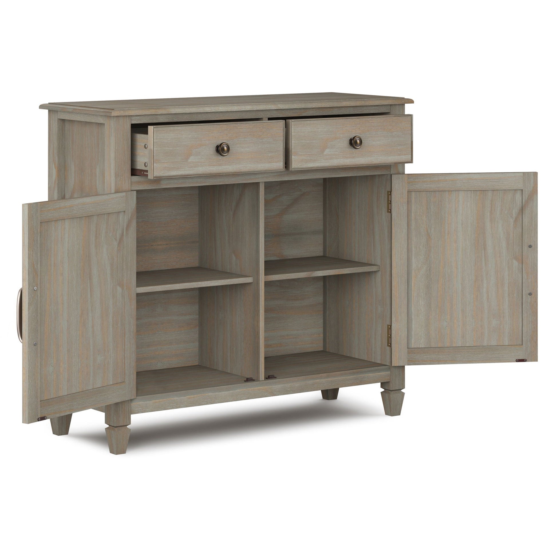 Connaught entryway cabinet in weathered gray wood with top drawers and bronze knobs on Tampa Home & Garden Store