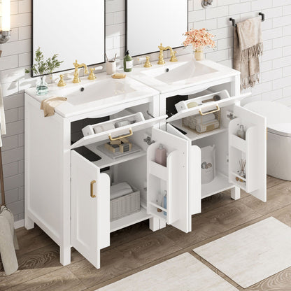 Modern double bathroom vanity with soft-close cabinet, brass faucets, white countertop on Tampa Home & Garden Store