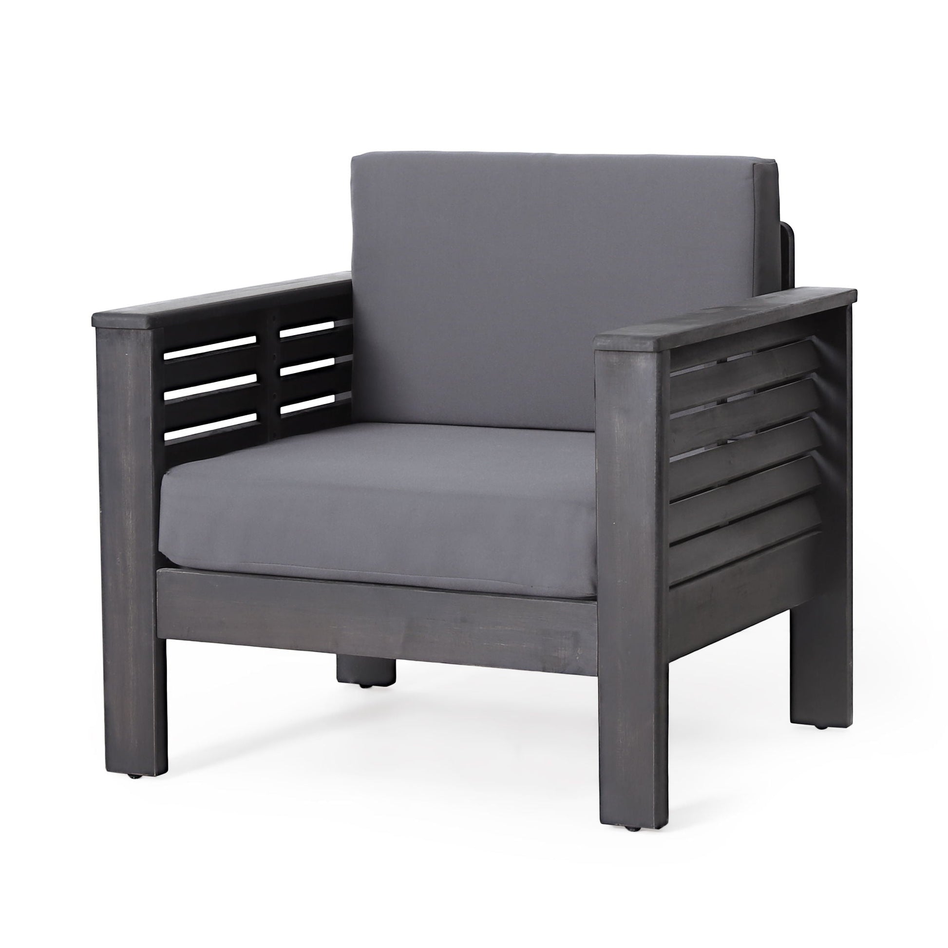 Slat Design Club Chairs With Cushions outdoor arm chairs in dark wood with grey cushions HouseOfZazla on Tampa Home & Garden Store