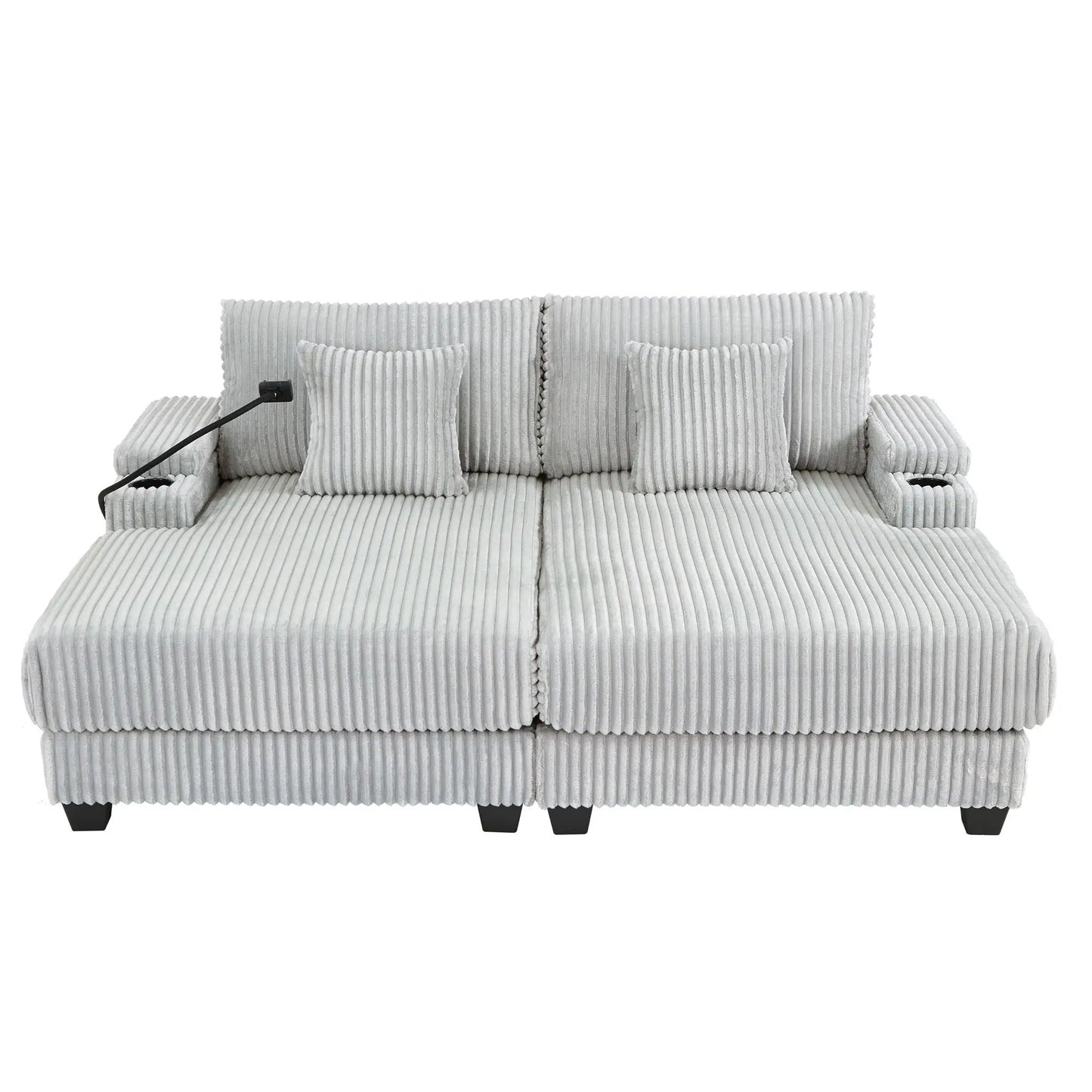 Modern chaise sofa by Unique Piece Furniture in light gray corduroy with cup holders on Tampa Home & Garden Store