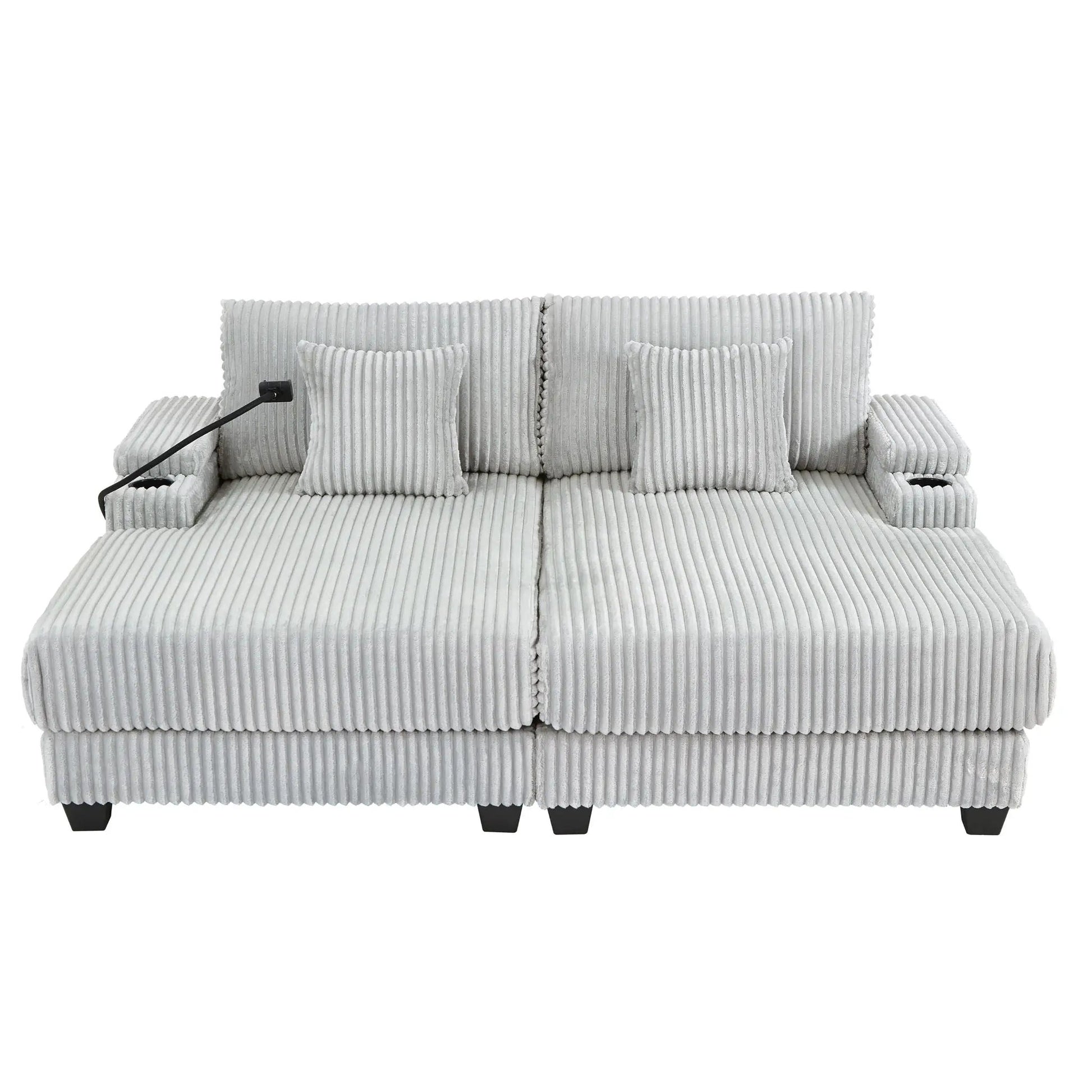 Modern chaise sofa by Unique Piece Furniture in light gray corduroy with cup holders on Tampa Home & Garden Store