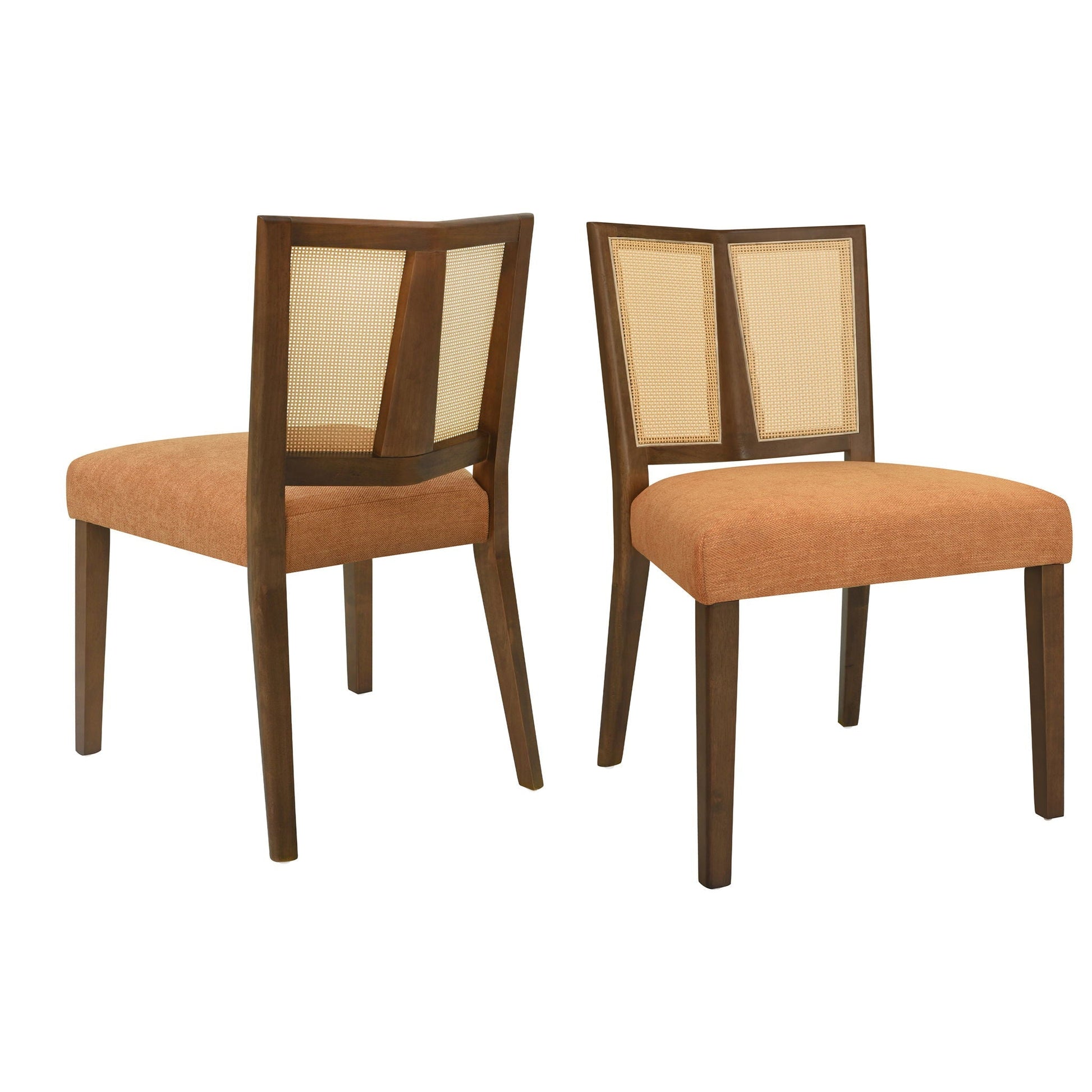 Mid Century rattan dining chairs set with caned backs and orange cushions HouseOfZazla 2 chairs on Tampa Home & Garden Store