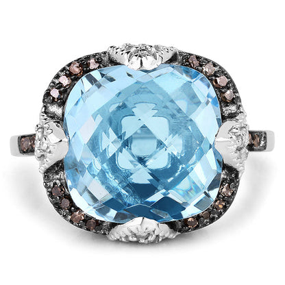 Ring with cushion-cut Swiss blue topaz center and champagne/white diamond halo in .925 silver on Tampa Home & Garden Store