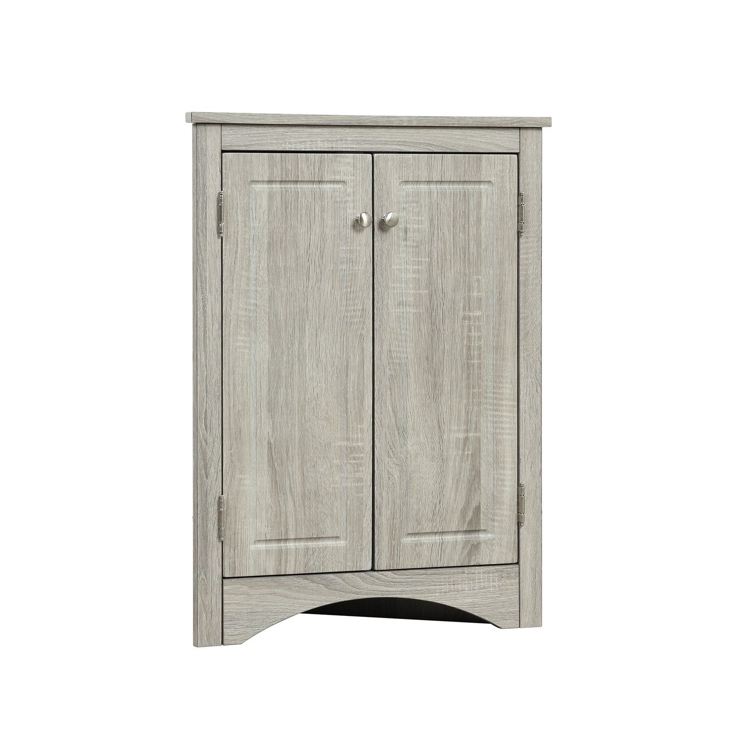 Triangle bathroom storage cabinet with two doors, gray wood grain, adjustable shelves on Tampa Home & Garden Store