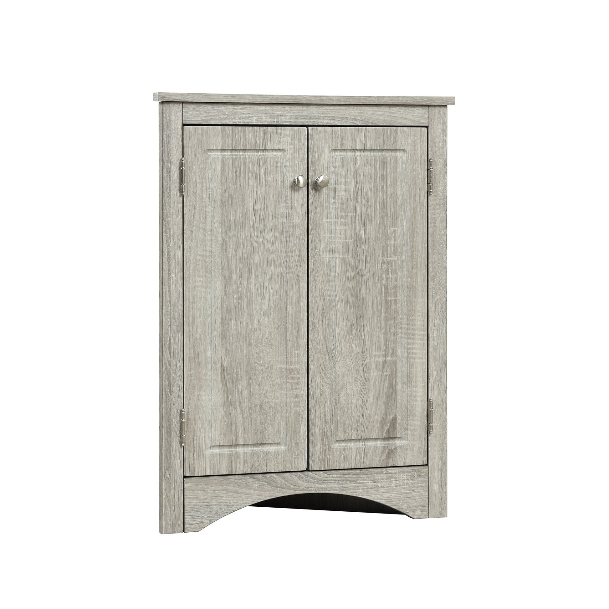 Triangle bathroom storage cabinet with two doors, gray wood grain, adjustable shelves on Tampa Home & Garden Store