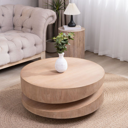 Modern round wood coffee table with sculptural two-tier design in natural finish by HouseOfZazla on Tampa Home & Garden Store