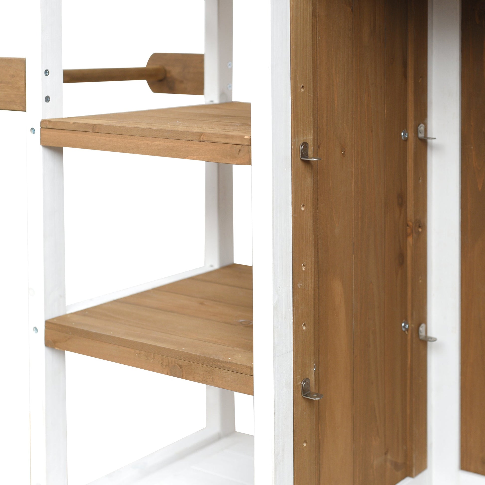 Foldable Outdoor Kitchen Island with white frame and natural wood shelves for patios on Tampa Home & Garden Store