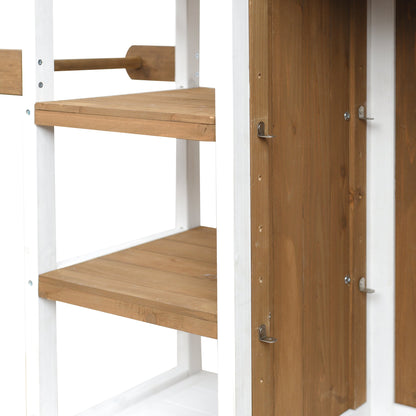 Foldable Outdoor Kitchen Island with white frame and natural wood shelves for patios on Tampa Home & Garden Store