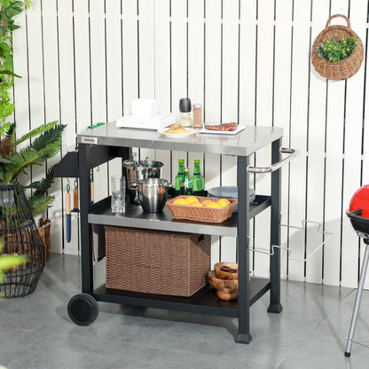 Outsunny three-shelf outdoor grill cart with stainless steel tabletop and wicker lower basket on Tampa Home & Garden Store