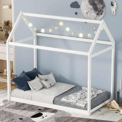 Wooden house-shaped twin platform bed by HouseOfZazla, white frame with string lights on Tampa Home & Garden Store