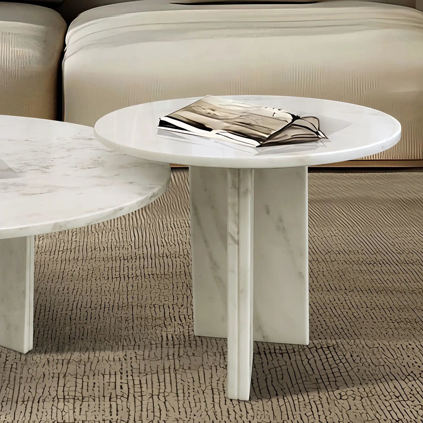 Elegant Coffee Duo Table Set; round white marble-top tables with white bases on floor on Tampa Home & Garden Store