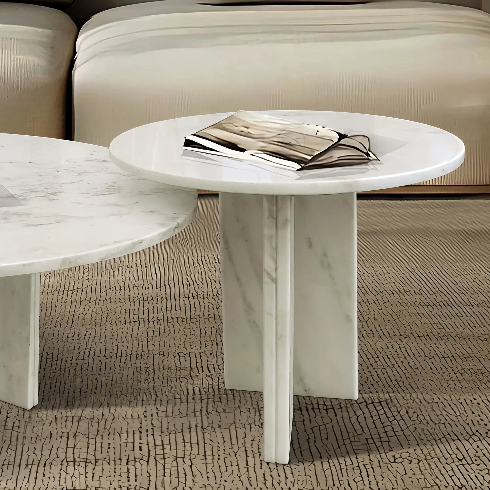 Elegant Coffee Duo Table Set; round white marble-top tables with white bases on floor on Tampa Home & Garden Store