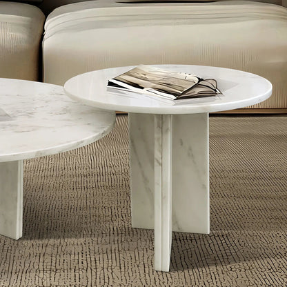 Elegant Coffee Duo Table Set; round white marble-top tables with white bases on floor on Tampa Home & Garden Store