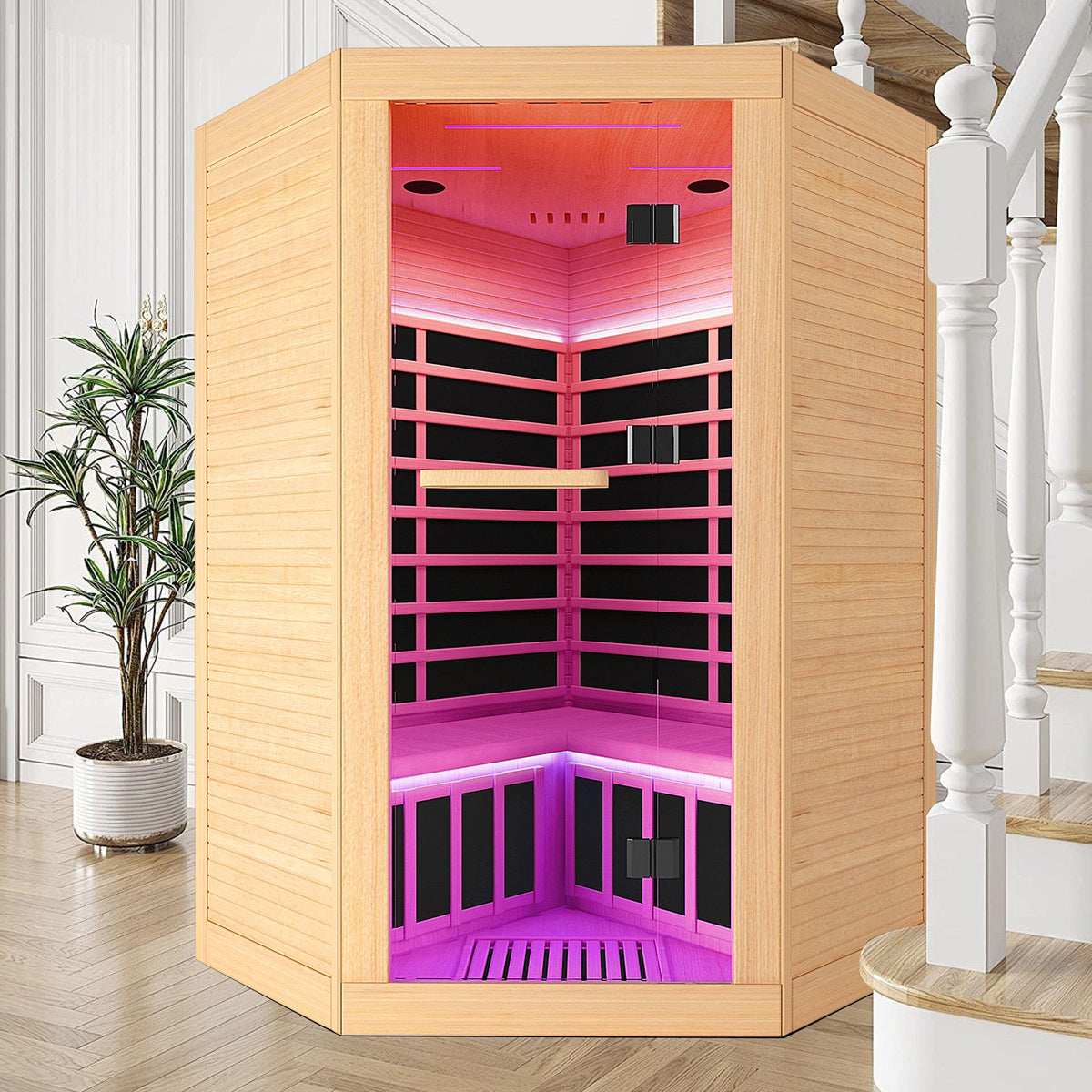 Canadian Hemlock Double Sauna with Bluetooth & LED Lights, natural wood exterior and pink glow on Tampa Home & Garden Store