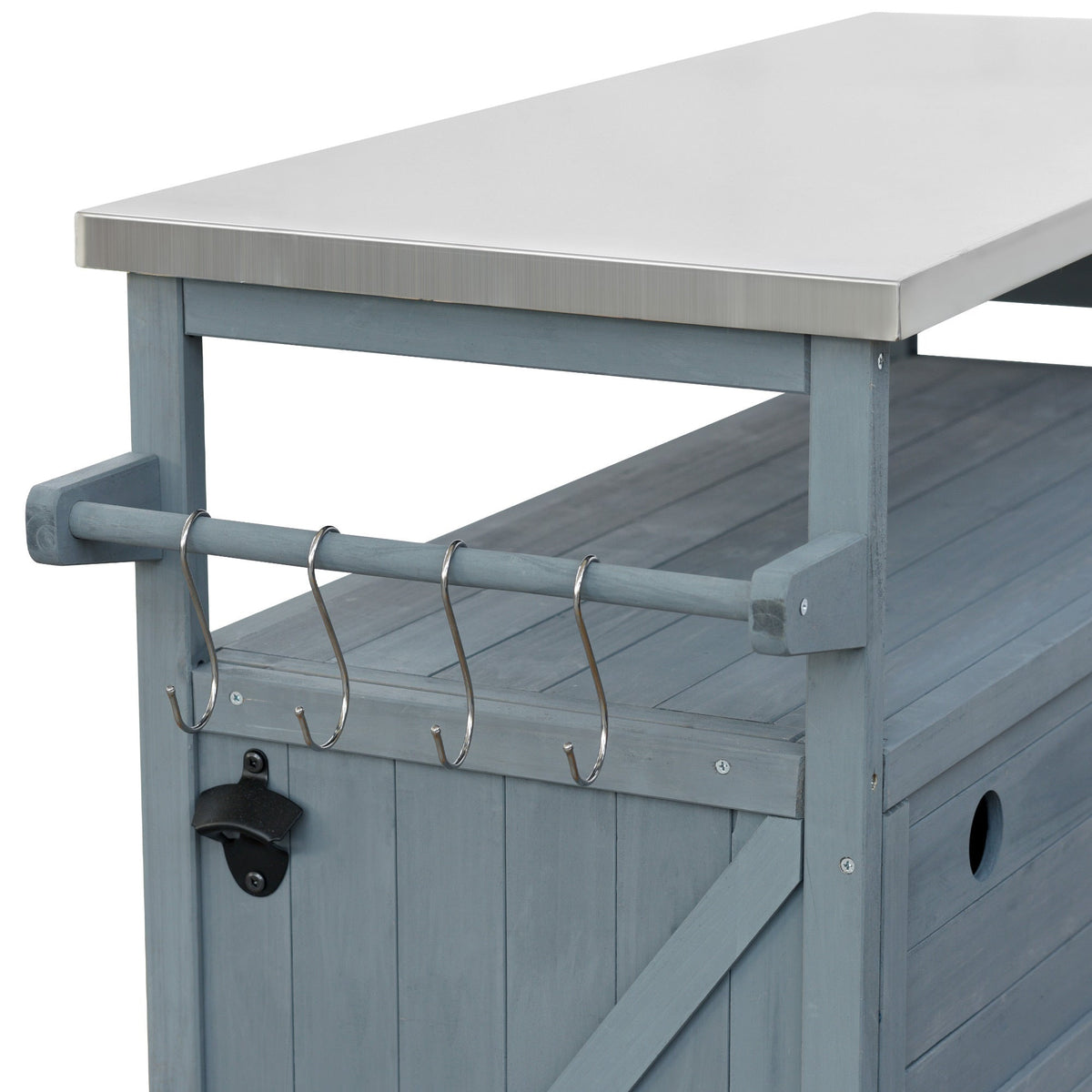 K&K Outdoor Kitchen Island blue-gray wood base with stainless steel top and five hooks on Tampa Home & Garden Store