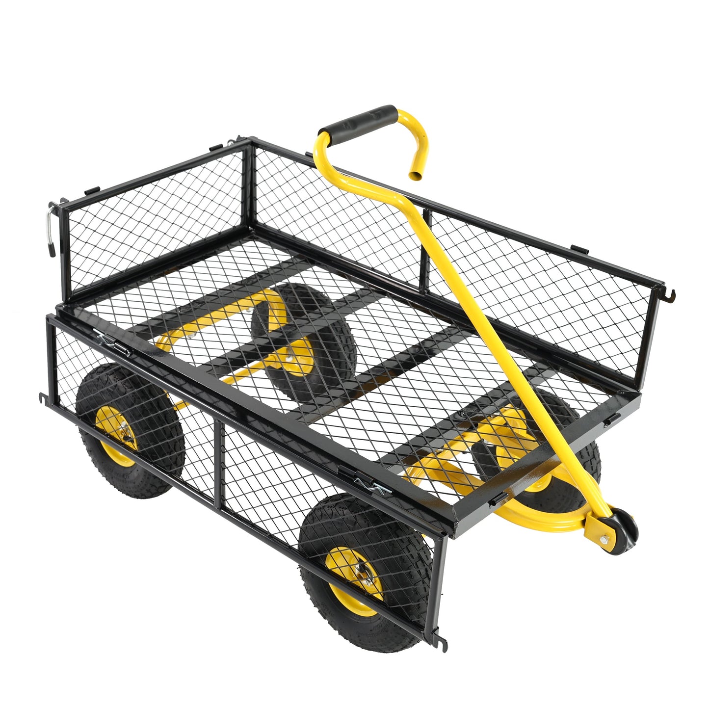 Outdoor wagon cart with black mesh basket, yellow frame and wheels on Tampa Home & Garden Store