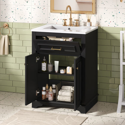 Bathroom vanity with integrated white sink, black cabinet, and gold hardware on Tampa Home & Garden Store