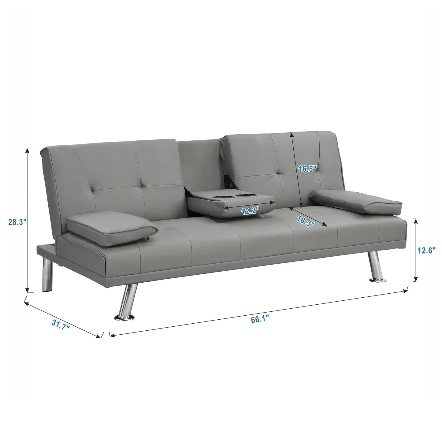 Modern sofa bed futon with armrest 2 cup holders, gray upholstery, wood frame and stainless legs on Tampa Home & Garden Store