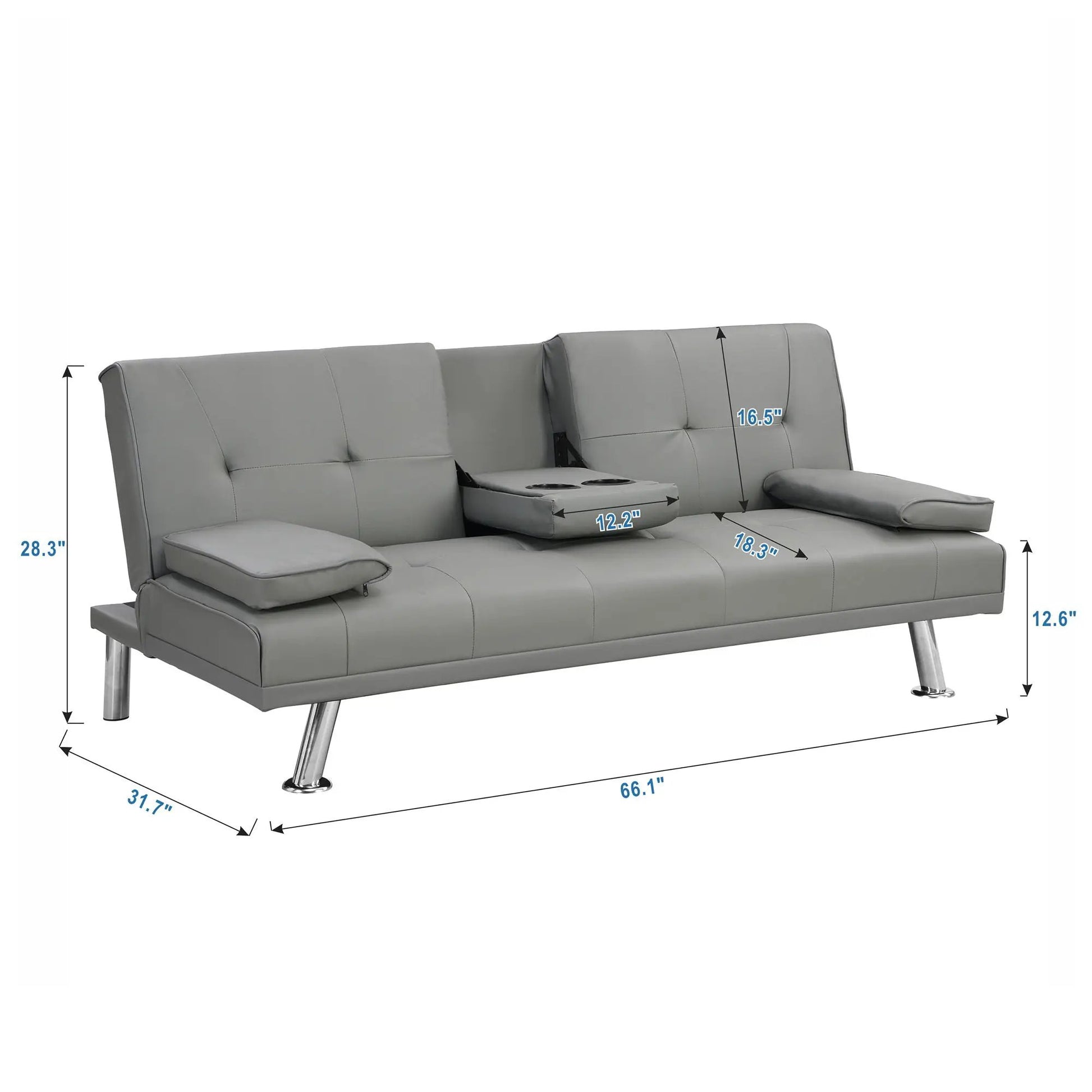 Modern sofa bed futon with armrest 2 cup holders, gray upholstery, wood frame and stainless legs on Tampa Home & Garden Store